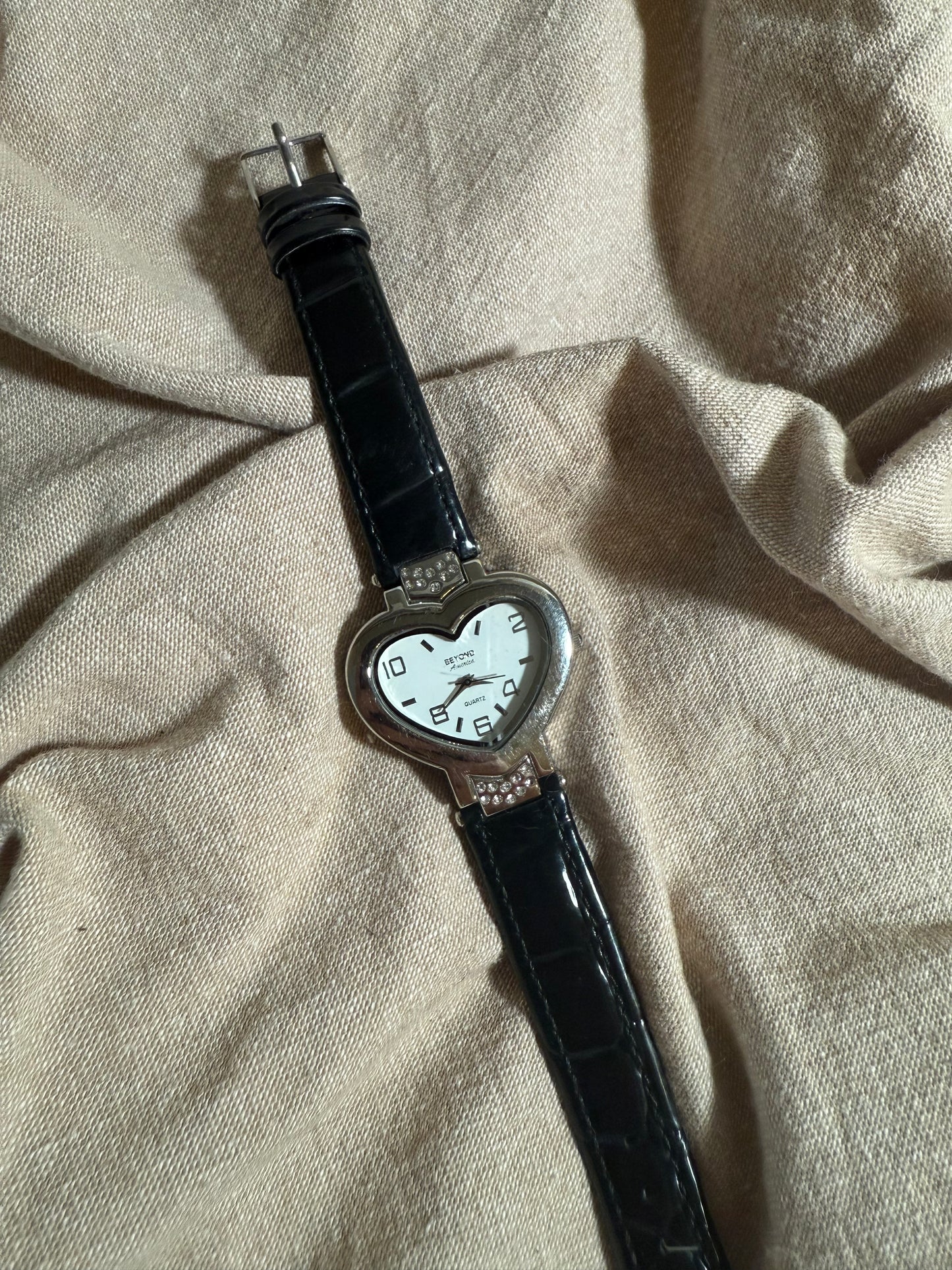 Vintage Beyond Black Leather Heart Watch