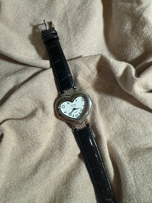 Vintage Beyond Black Leather Heart Watch